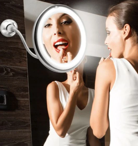 Belro 10X magnifying LED lighted flexible makeup mirror with adjustable arm and reflective surface for detailed beauty application