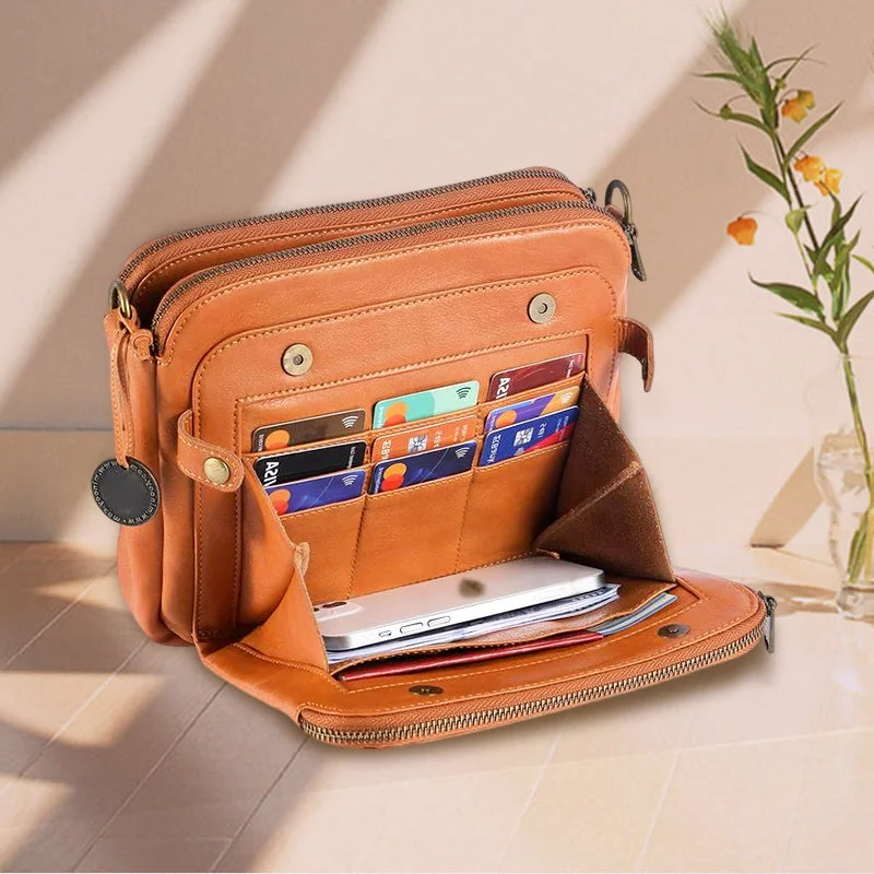 Belro three-layer leather crossbody bag and clutch with adjustable strap and multiple compartments, stylish accessory for everyday use.