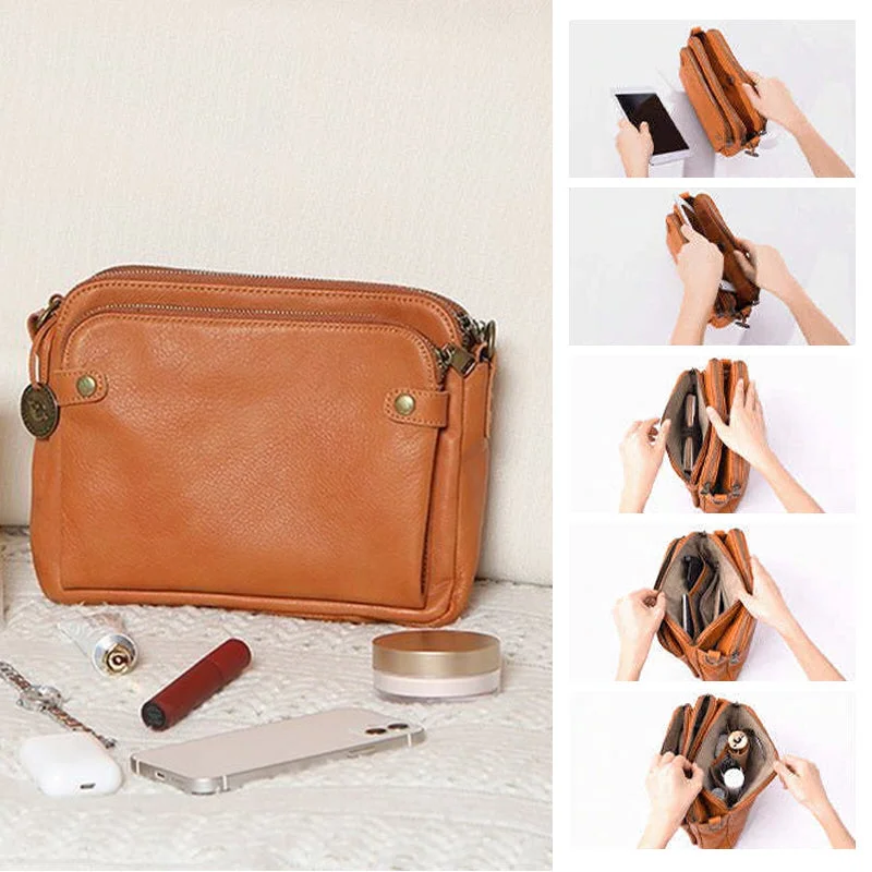 Belro three-layer leather crossbody bag and clutch with adjustable strap, featuring multiple compartments for accessories and cards.