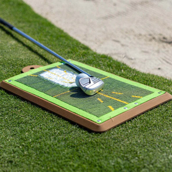 Belro golf training swing detection mat for home outdoor use, showing a close-up of the mat's textured surface and swing zone.