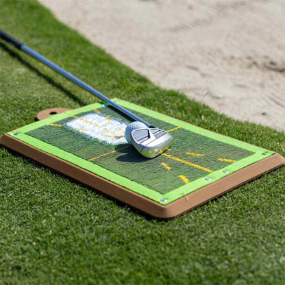 Belro golf training swing detection mat for home outdoor use, showing a close-up of the mat's textured surface and swing zone.