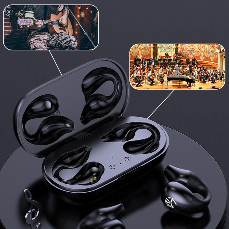 Belro wireless ear clip bone conduction headphones with sleek design, open-ear fit, and controls visible on the device.