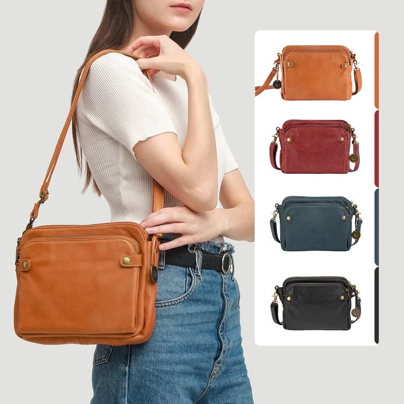Belro three-layer leather crossbody bag and clutch with adjustable strap, featuring multiple compartments and sleek design.