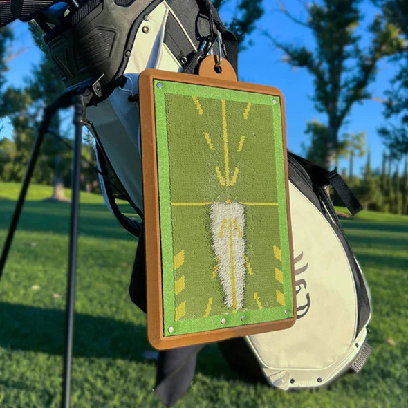 Belro golf training swing detection mat for home outdoor use, showing a golfer practicing swings on a green mat.