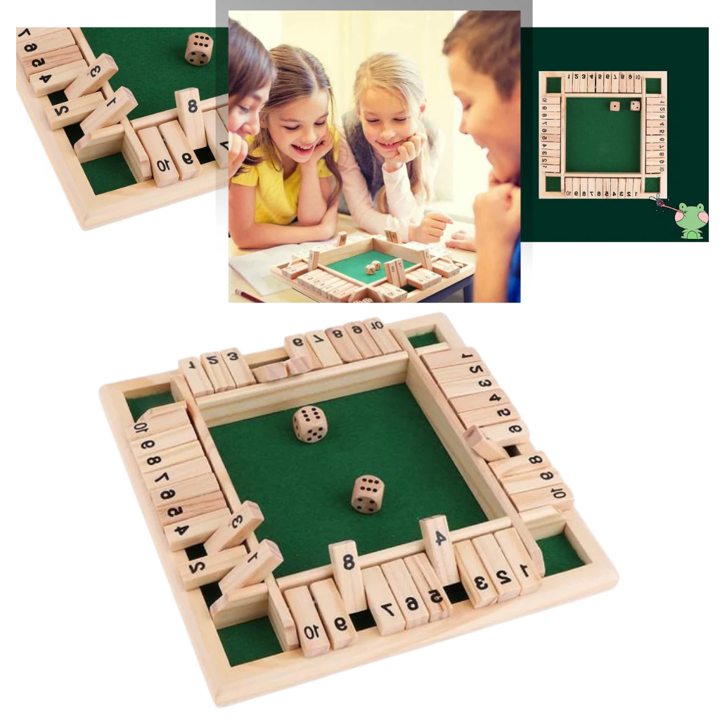 Belro wooden dice game with colorful dice showing various numbers, perfect for family fun and educational play.