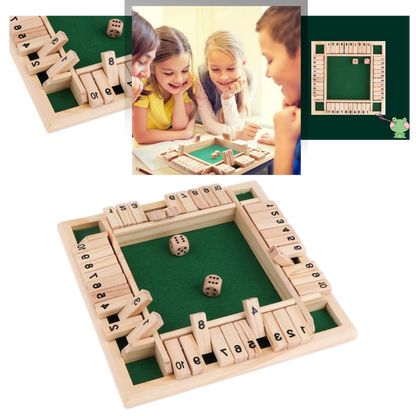 Belro wooden dice game with colorful dice showing various numbers, perfect for family fun and educational play.