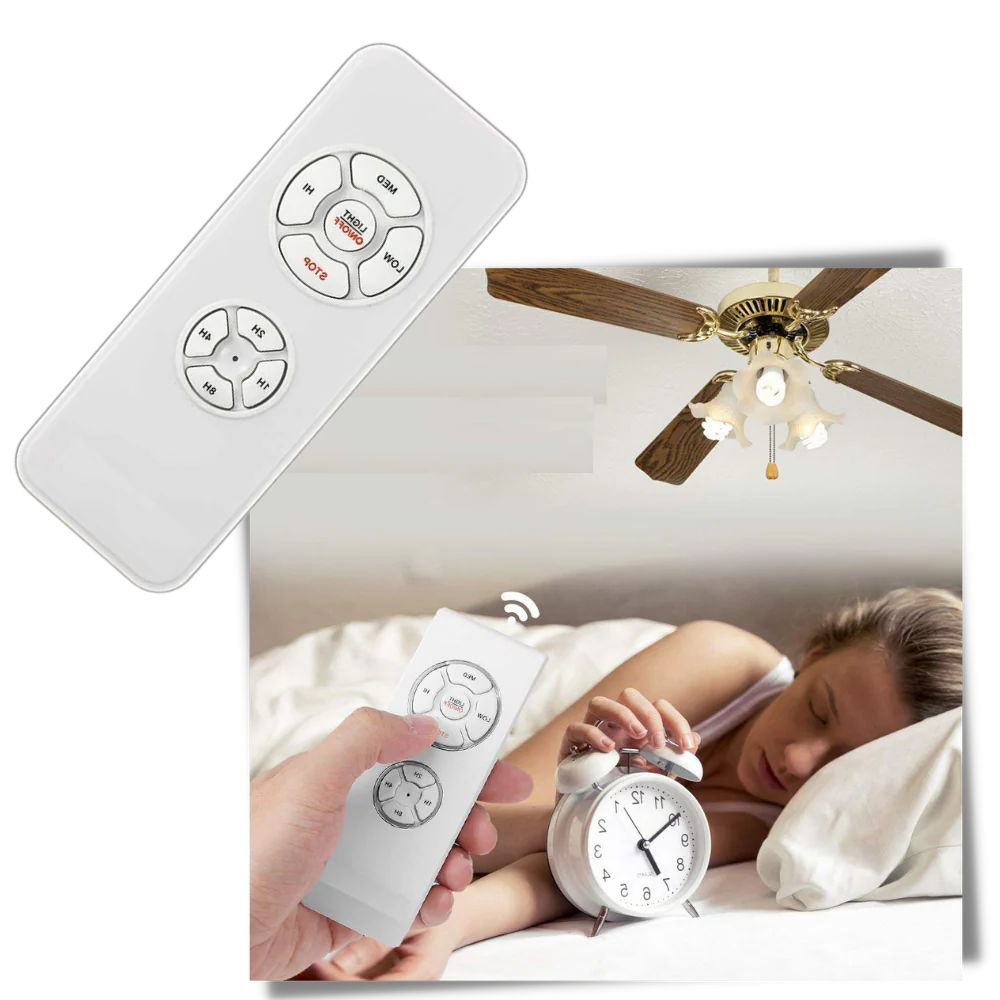 Belro universal fan remote control for electronic fans, showing buttons and sleek black design in the image.