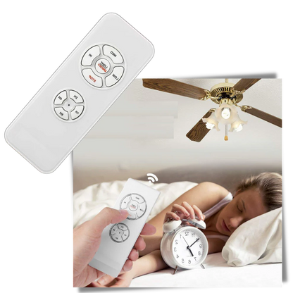 Belro universal fan remote control for electronic fans, showing buttons and sleek black design in the image.