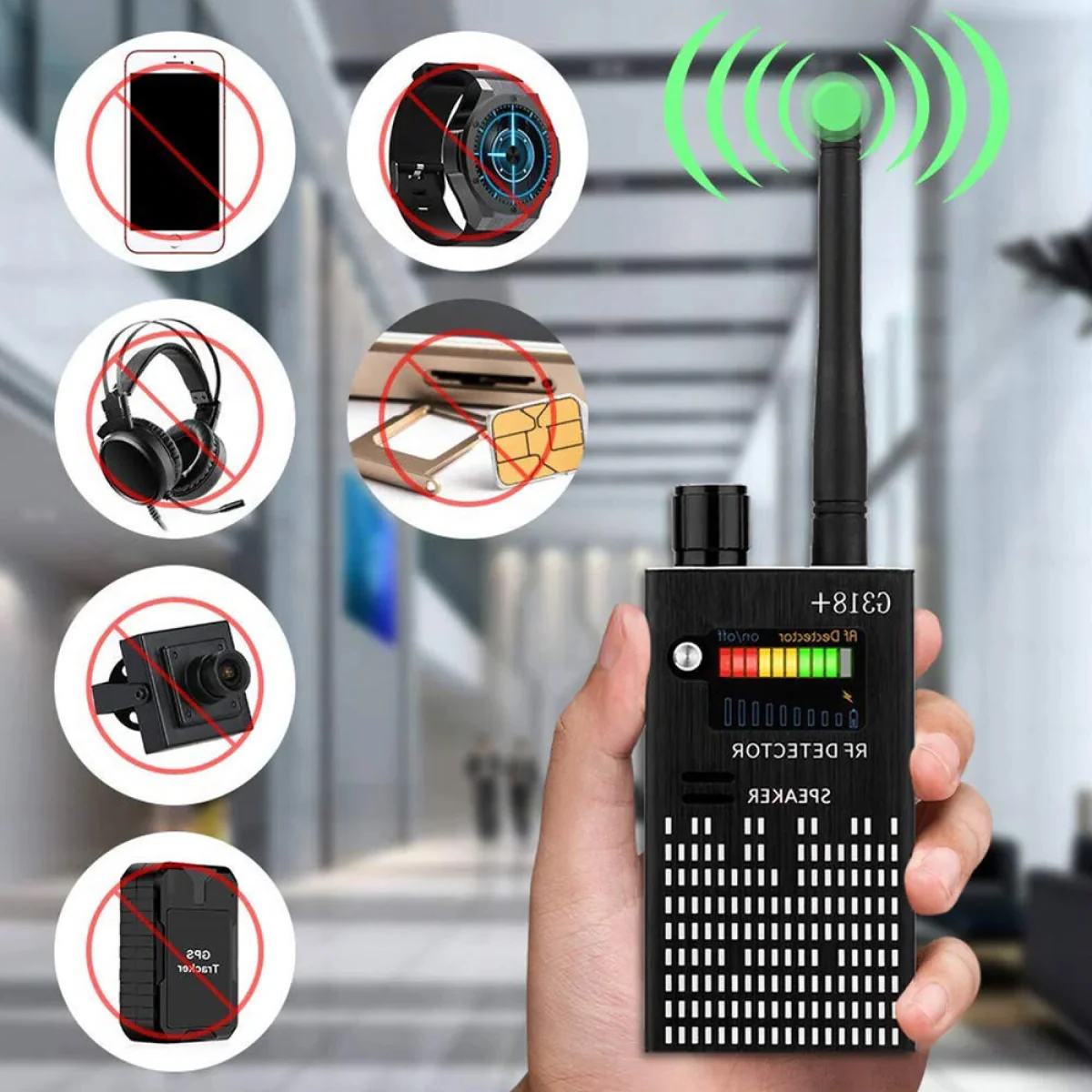Belro Spy Detector Device with laser lens, RF bug detection, hidden camera and GPS tracker finder for anti-spy signal protection.
