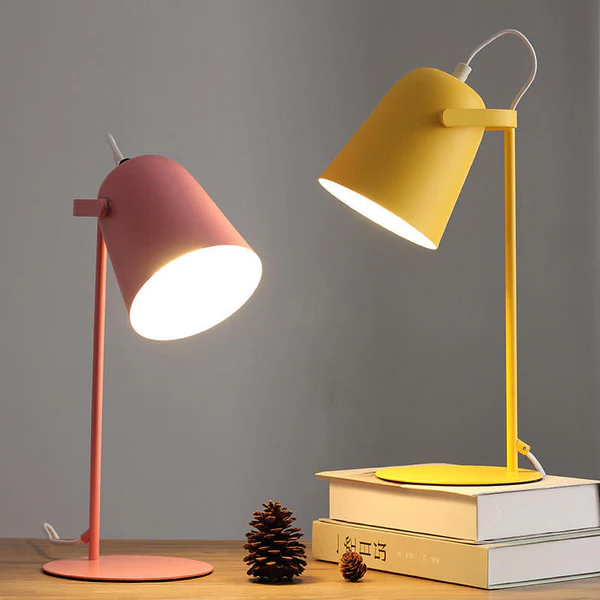 Belro Nordic Macaron color creative iron bucket desk lamp with light table design, suitable for modern electronics and lighting decor.