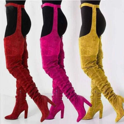 Belro women's faux suede thigh-high belted boots with chunky high heels and slouch design, over-the-knee footwear with waist belt detail.