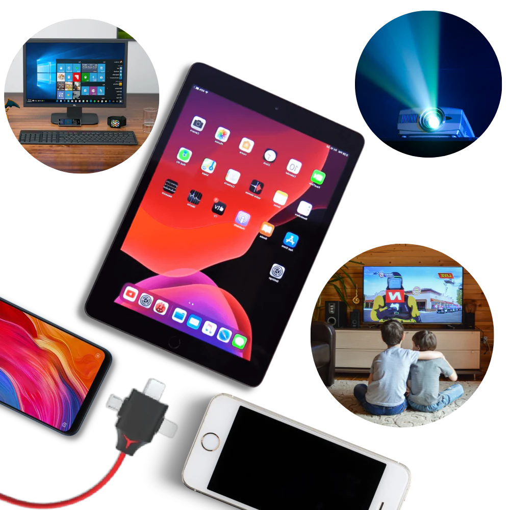 Belro HDMI adapter cable connected to phone and tablet, displaying audio and video output for electronics and multimedia devices.