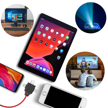 Belro HDMI adapter cable connected to phone and tablet, displaying audio and video output for electronics and multimedia devices.