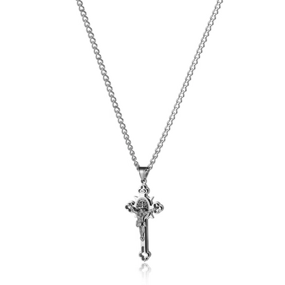 Belro St. Benedict Crucifix cross pendant necklace with detailed religious design, suitable for automotive or casual wear.