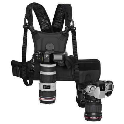 Belro dual camera chest harness system worn on a person's chest, designed for hands-free photography and video recording.