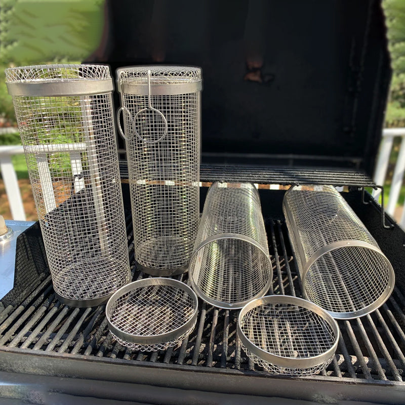 Belro stainless steel rolling BBQ grill basket for grilling vegetables, meat, and seafood on outdoor grills.