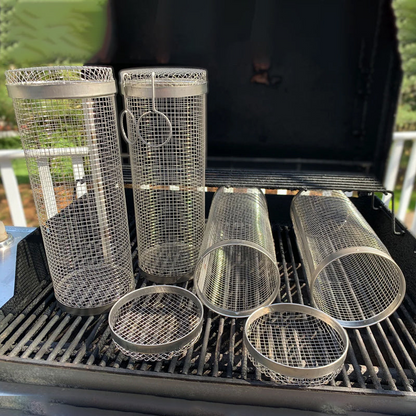 Belro stainless steel rolling BBQ grill basket for grilling vegetables, meat, and seafood on outdoor grills.