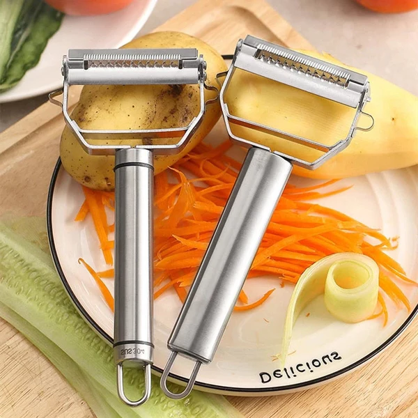 Belro dual-blade peeler for slicing vegetables, featuring ergonomic handle and sharp stainless steel blades for efficient kitchen use.