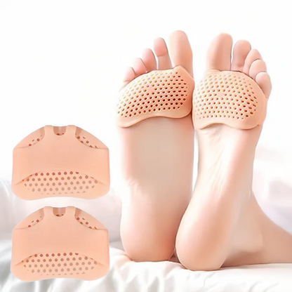 Belro breathable gel metatarsal pads providing foot comfort and pain relief, shown on a foot in a health and beauty setting.