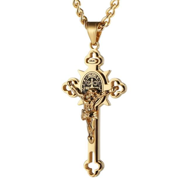 Belro St. Benedict Crucifix Cross Pendant Necklace featuring a detailed religious cross design against a neutral background.