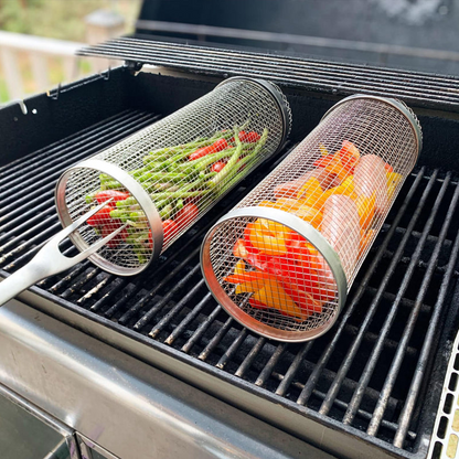 Belro stainless steel rolling BBQ grill basket for grilling vegetables and meats, ideal for outdoor cooking and barbecues.