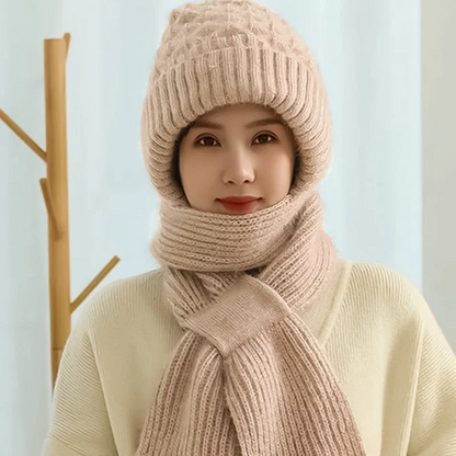 Belro women's winter hat with integrated ear protection, windproof cap scarf, soft knit, and stylish winter accessories.