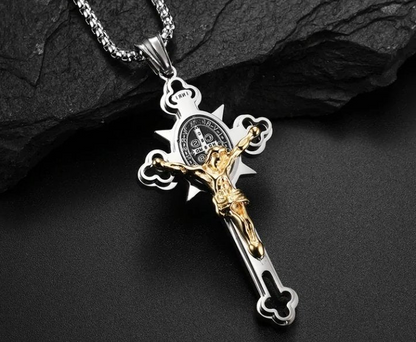 Belro St. Benedict Crucifix cross pendant necklace featuring detailed religious design, suitable for spiritual or everyday wear.