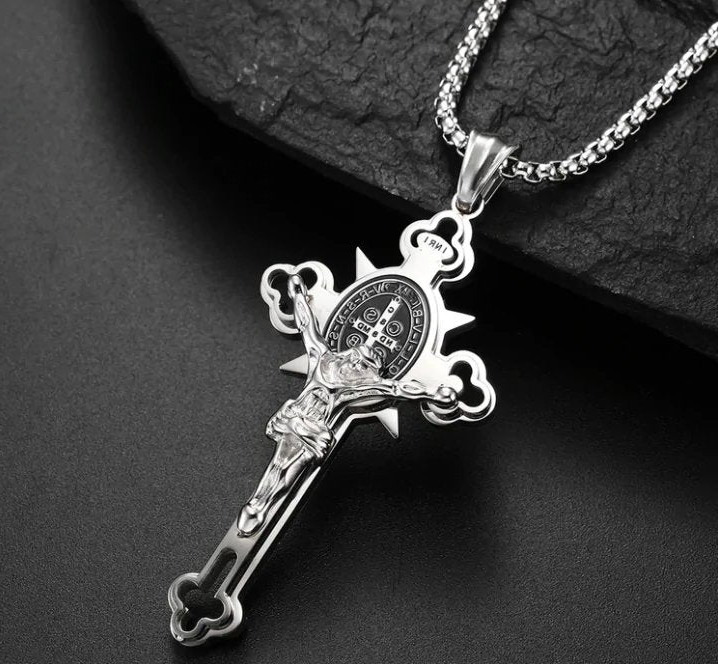 Belro St. Benedict Crucifix Cross Pendant Necklace with detailed religious design, suitable for automotive or spiritual wear.