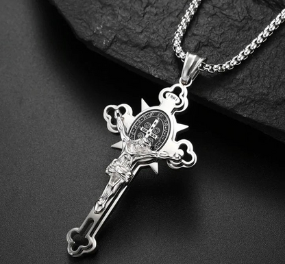 Belro St. Benedict Crucifix Cross Pendant Necklace with detailed religious design, suitable for automotive or spiritual wear.