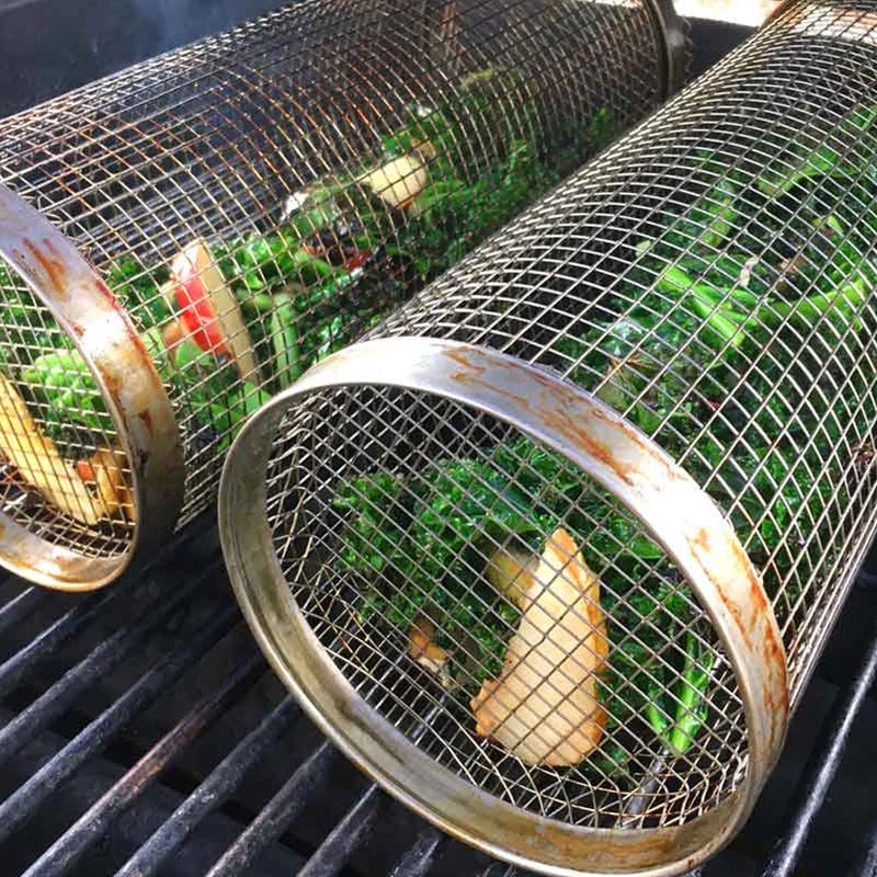 Belro stainless steel rolling BBQ grill basket for grilling vegetables and meats, ideal for outdoor cooking and barbecues.