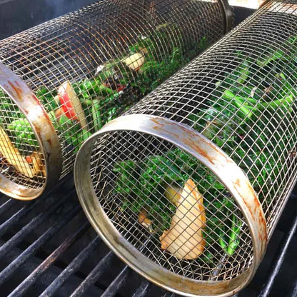 Belro stainless steel rolling BBQ grill basket for grilling vegetables and meats, ideal for outdoor cooking and barbecues.