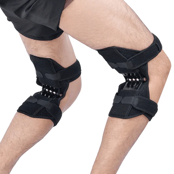 Belro Power Knee Stabilizer Pads attached to suspenders, designed for knee support and stabilization during physical activity.