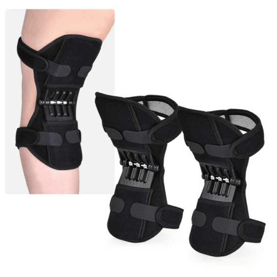Belro Power Knee Stabilizer Pads attached to suspenders, designed for support and compression during physical activity.
