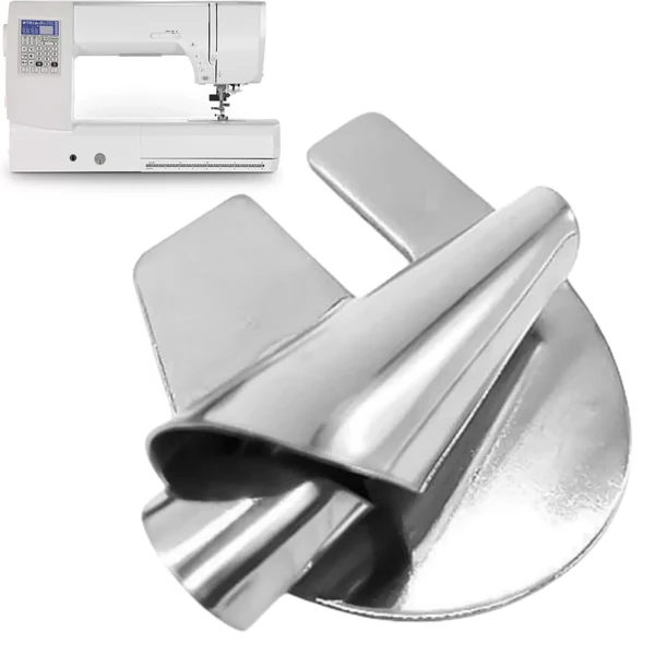 Belro sewing rolled hemmer foot for men's clothing, showing the metal attachment designed for neat hem finishing.