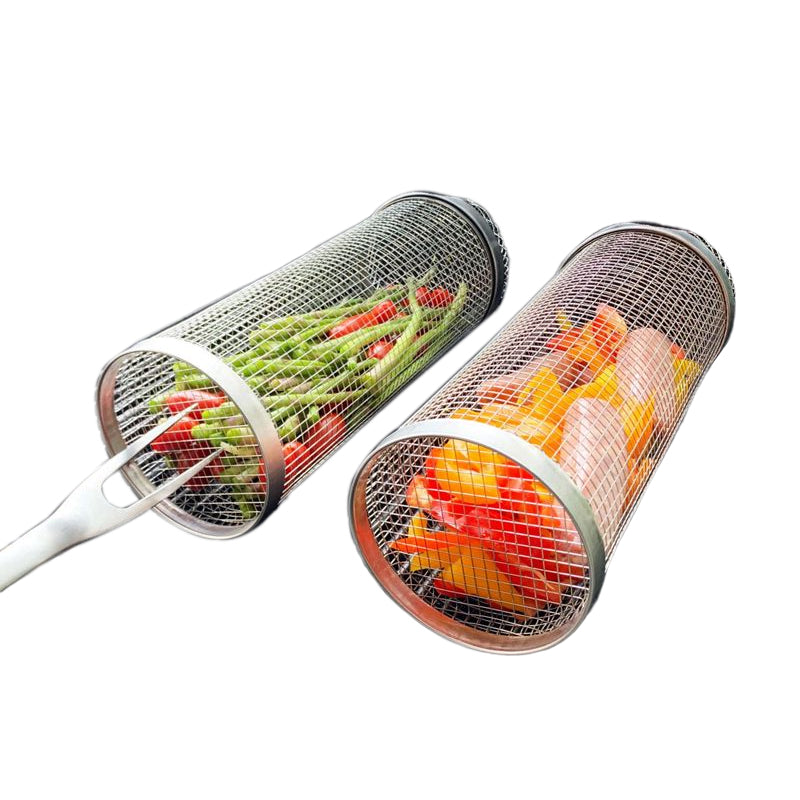 Belro stainless steel rolling BBQ grill basket for grilling vegetables, meats, and seafood in the kitchen or outdoor grill.