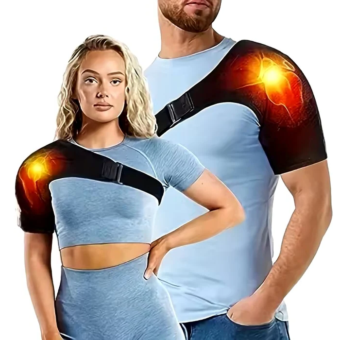 Belro heat therapy shoulder brace providing pain relief, with adjustable straps and soft fabric for comfort and support.