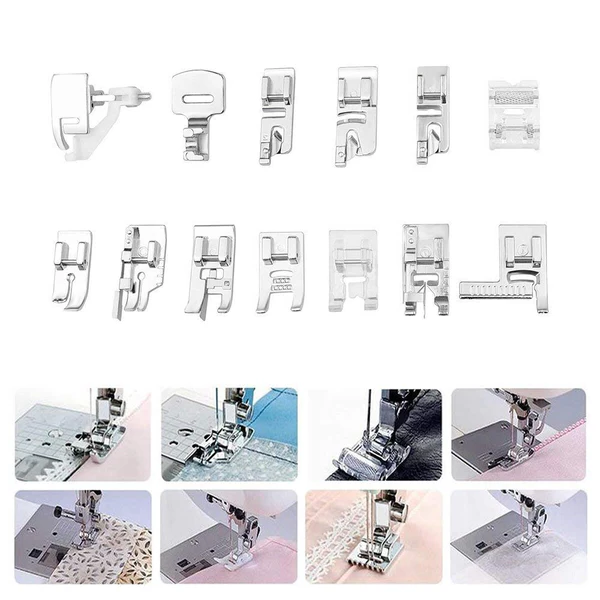 Set of 42 Belro presser feet for sewing, displayed on a white background, showcasing various attachments for clothing construction.