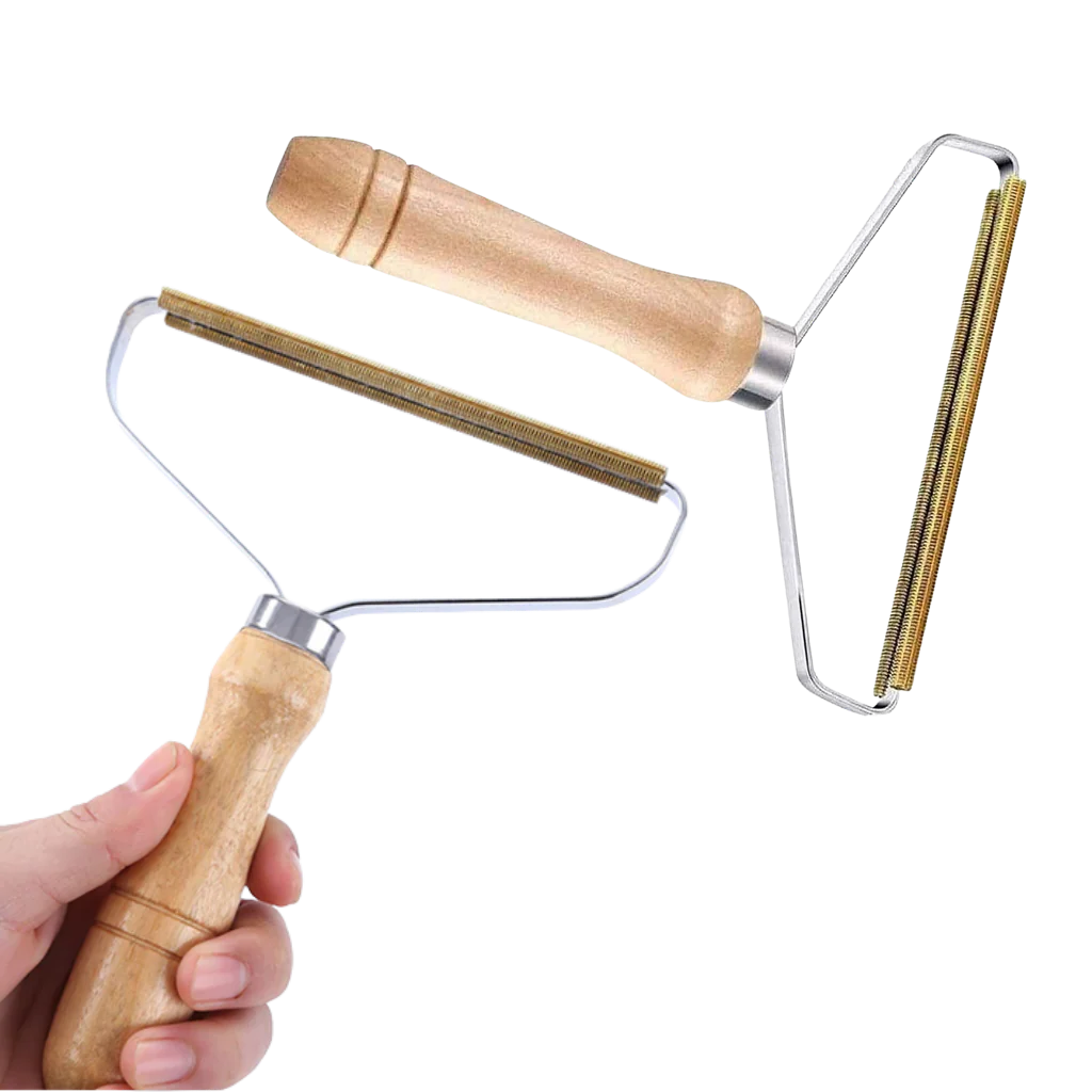 Belro wooden pet hair remover for dogs, showing a handheld grooming tool with a natural wooden handle and brush surface.