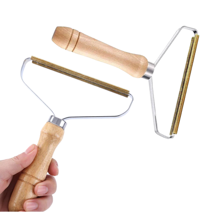 Belro wooden pet hair remover for dogs, showing a handheld grooming tool with a natural wooden handle and brush surface.