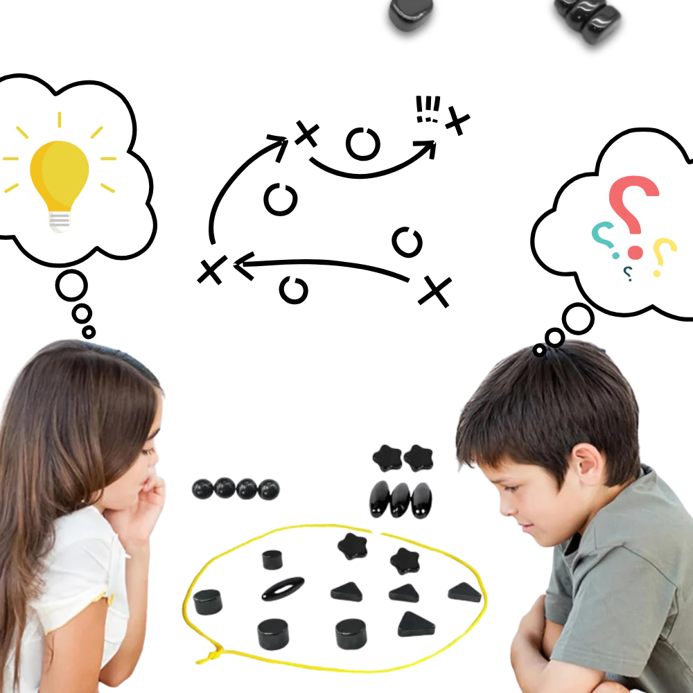 Belro magnetic chess game with black and white pieces on a wooden chessboard, designed for fun and strategic play.