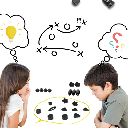 Belro magnetic chess game with black and white pieces on a wooden chessboard, designed for fun and strategic play.