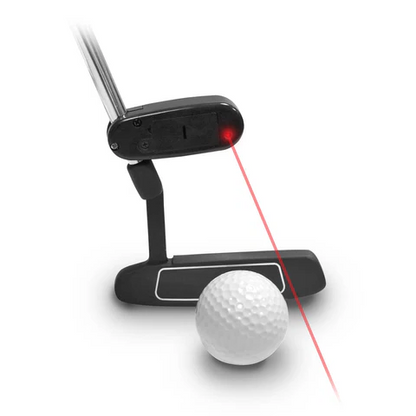 Belro Precision Golf Laser Putting Aid Stroke Trainer guide for improving golf putting at home, outdoor setting with training tools visible.