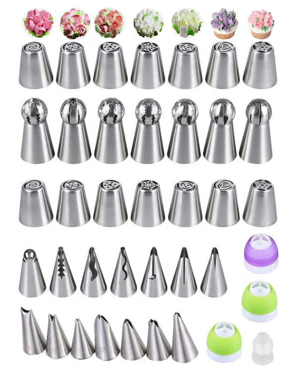 Belro cake decorating piping tips set with various metal tips for detailed icing designs, displayed in a clear image.