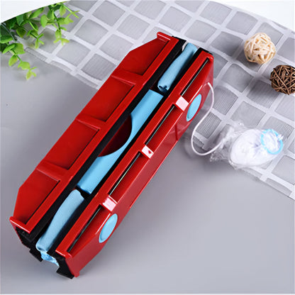 Belro magnetic window cleaner tool with double-sided cleaning pads for effortless window washing, shown in use on a glass window.