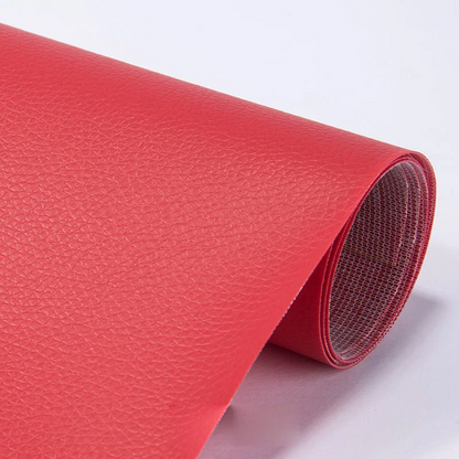 Belro self-adhesive leather repair patch for sofas, cuttable and durable, shown in a roll with a textured brown leather surface.