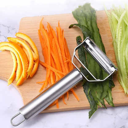 Belro dual-blade peeler for slicing, with stainless steel blades, displayed on a white kitchen surface.