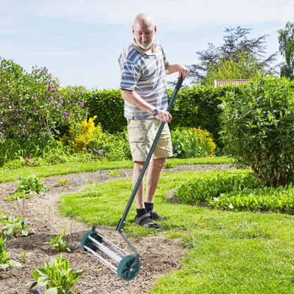 Belro heavy duty manual lawn spike soil aerator for men, shown in a sturdy, black metal design suitable for outdoor gardening.
