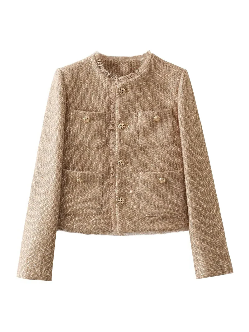 Belro versatile elegant jacket in neutral fabric, featuring a tailored fit with a classic collar and stylish button details.