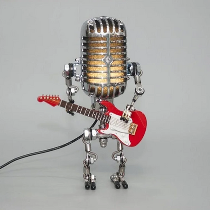 Vintage Belro metal microphone robot with guitar lamp, decorative electronic audio microphone and guitar sculpture for display.