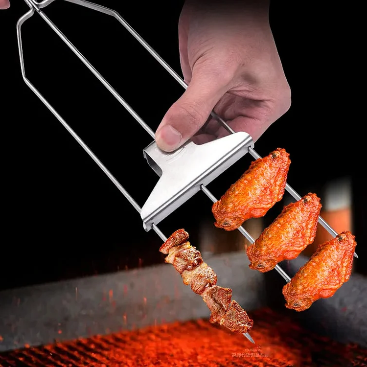 Belro three-prong grill skewer set for outdoor cooking, featuring durable stainless steel skewers with three prongs for grilling various foods.